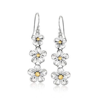 Sterling Silver and 18kt Gold Over Sterling Graduated Flower Drop Earrings