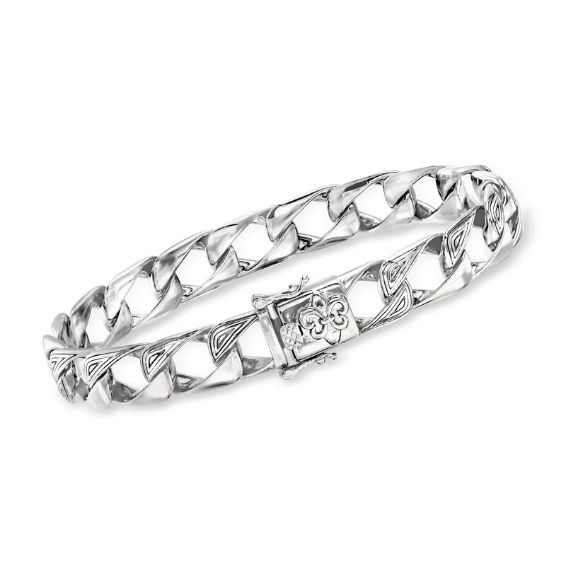 Men's Sterling Silver Cuban-Link Bracelet with Fleur-De-Lis Box Clasp. 8&quot; image number 1