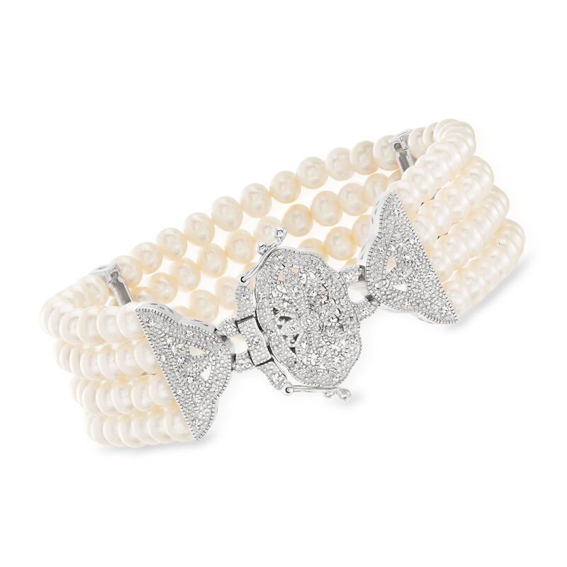 4.5-5mm Cultured Pearl and .15 ct. t.w. Diamond Multi-Strand Bracelet in Sterling Silver image number 0