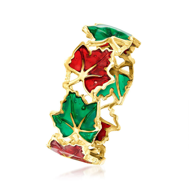 Italian Red and Green Enamel Leaf Ring in 14kt Yellow Gold image number 2