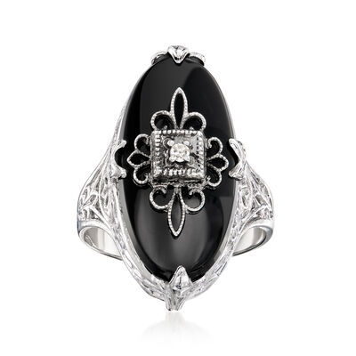 C. 1980 Vintage Onyx Ring with Single Diamond in 14kt White Gold