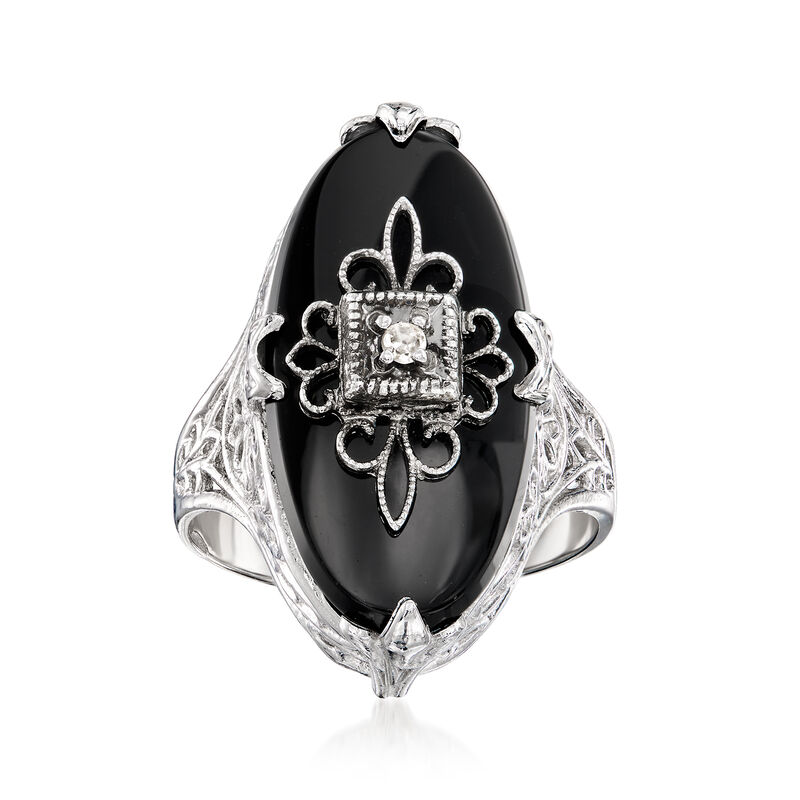 C. 1980 Vintage Onyx Ring with Single Diamond in 14kt White Gold. Size 5 image number 0