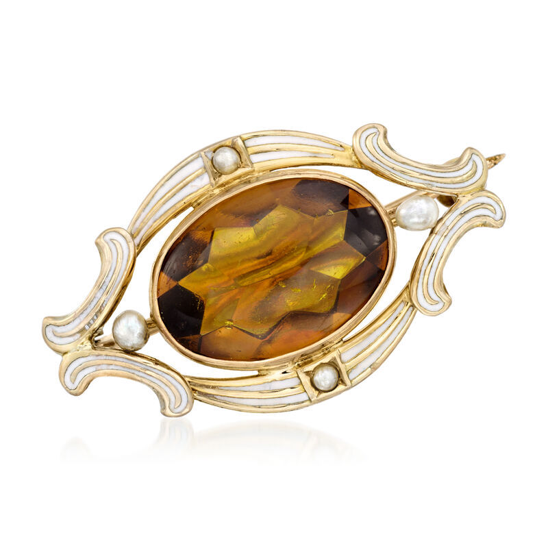 C. 1930 Vintage 4.25 Carat Citrine Pin with Cultured Pearls and White Enamel in 14kt Yellow Gold  image number 0
