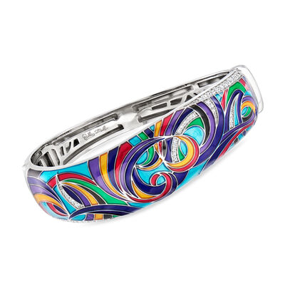 Belle Etoile "Whirlwind" Multicolored Enamel and .70 ct. t.w. CZ Bangle Bracelet in Sterling Silver