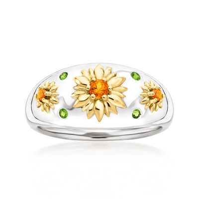 .20 ct. t.w. Chrome Diopside and .10 ct. t.w. Citrine Flower Ring in Sterling Silver with 18kt Gold Over Sterling