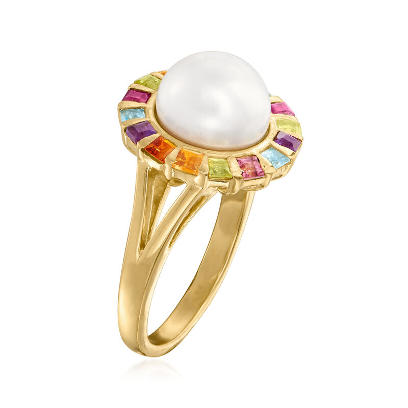 11mm Cultured Pearl and .50 ct. t.w. Multi-Gemstone Ring in 18kt Gold Over Sterling image number 2