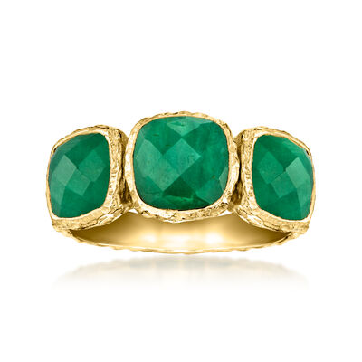 5.50 ct. t.w. Bezel-Set Emerald Three-Stone Ring in 18kt Gold Over Sterling
