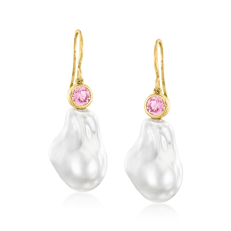 14kt Yellow Gold-Plated Drop Earrings with Simulated Pink Gemstones and Pearls  image number 0