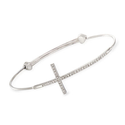 Diamond Sideways Cross Bangle Bracelet in Sterling Silver
