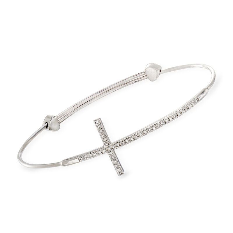 Diamond Sideways Cross Bangle Bracelet in Sterling Silver image number 0