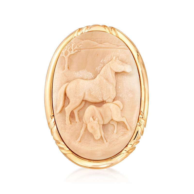 C. 1980 Vintage Carved Coral Horse Cameo Pin/Pendant in 18kt Yellow Gold image number 0