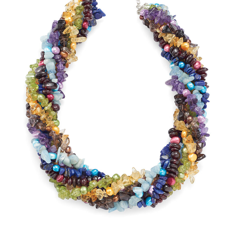Multi-Stone and Cultured Pearl Torsade Necklace in Sterling Silver. 18&quot; image number 3