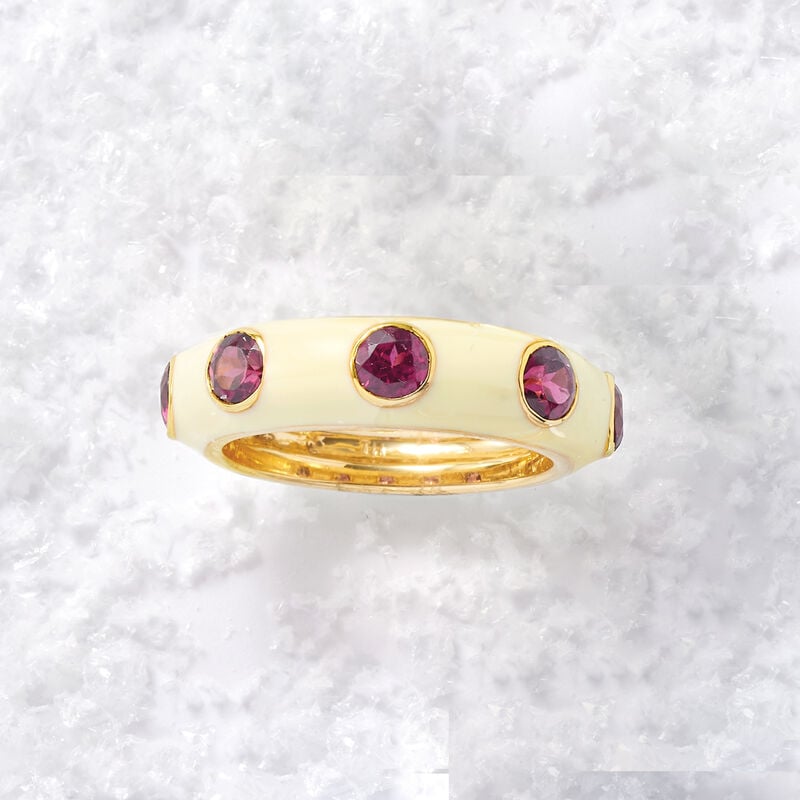 1.50 ct. t.w. Rhodolite Garnet and White Enamel Ring in 18kt Gold Over Sterling image number 3