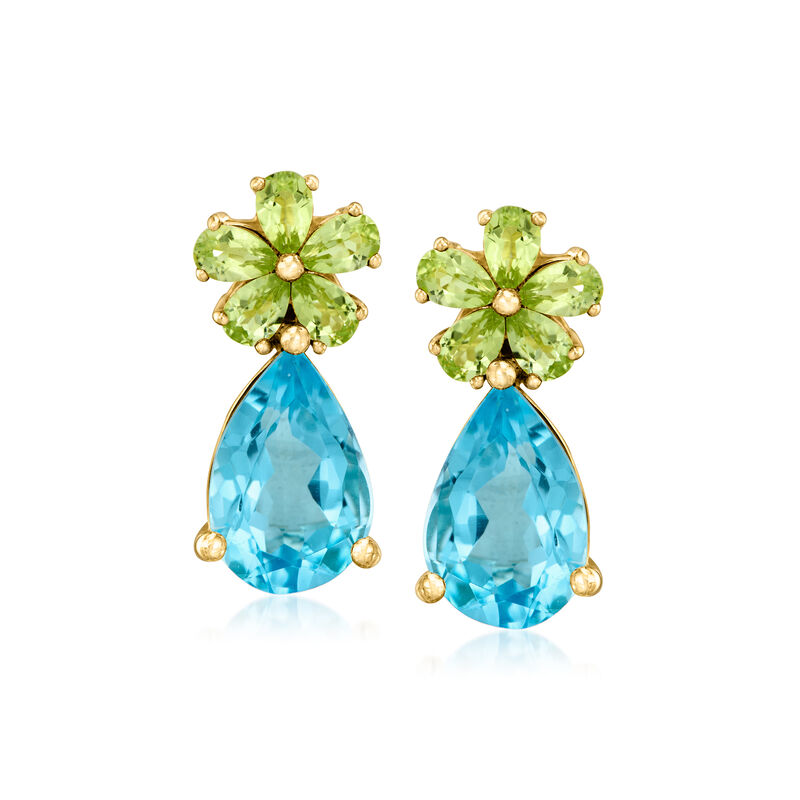 3.20 ct. t.w. Swiss Blue Topaz and .60 ct. t.w. Peridot Flower Drop Earrings in 14kt Yellow Gold  image number 0