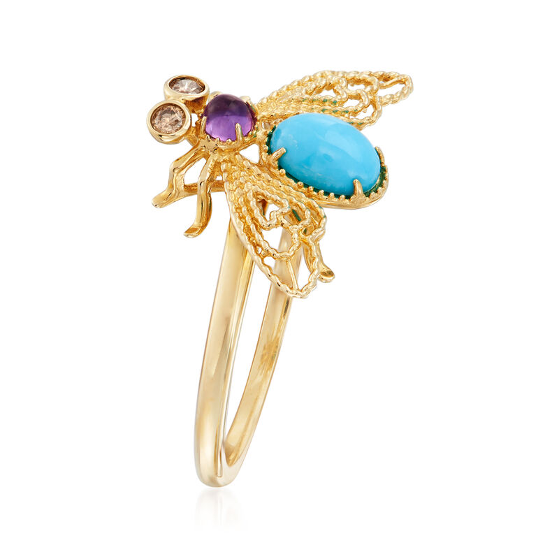 Turquoise and .10 Carat Amethyst Bee Ring with Brown Diamond Accents in 14kt Yellow Gold image number 2