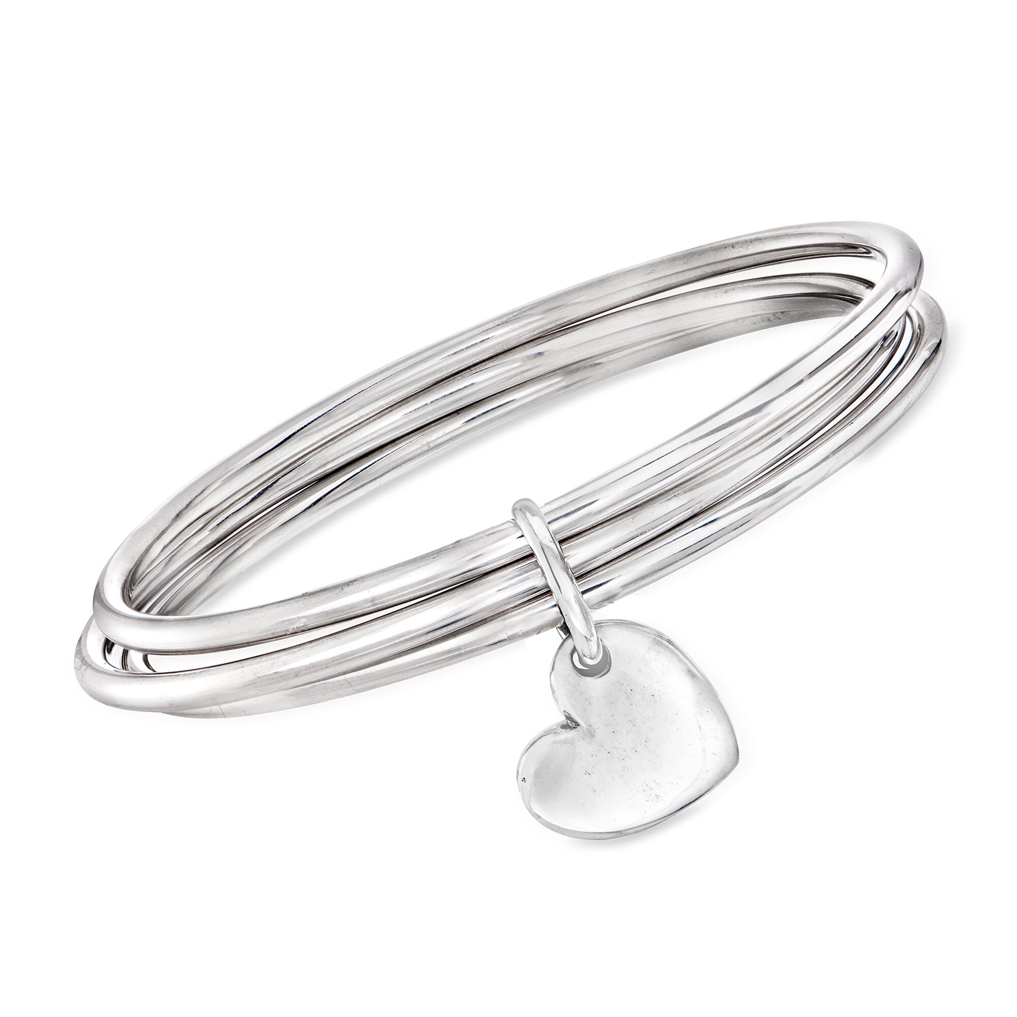 Italian Sterling Silver Triple-Bangle Heart Charm Bracelet | Ross