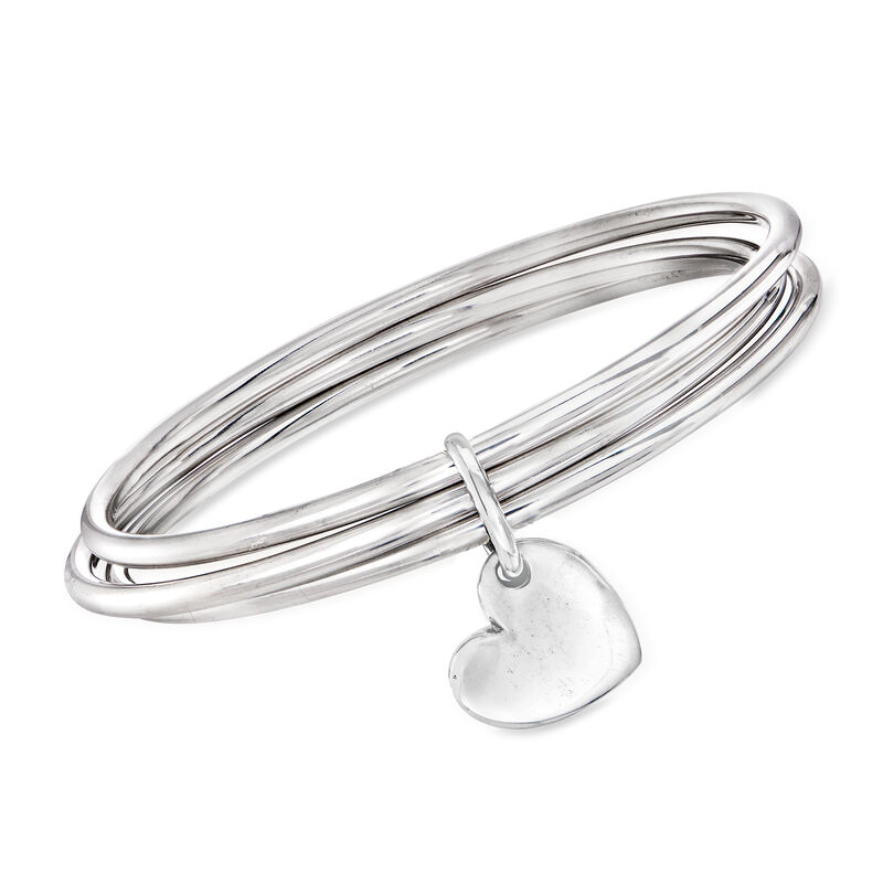 Italian Sterling Silver Triple-Bangle Heart Charm Bracelet. 7.5&quot; image number 0