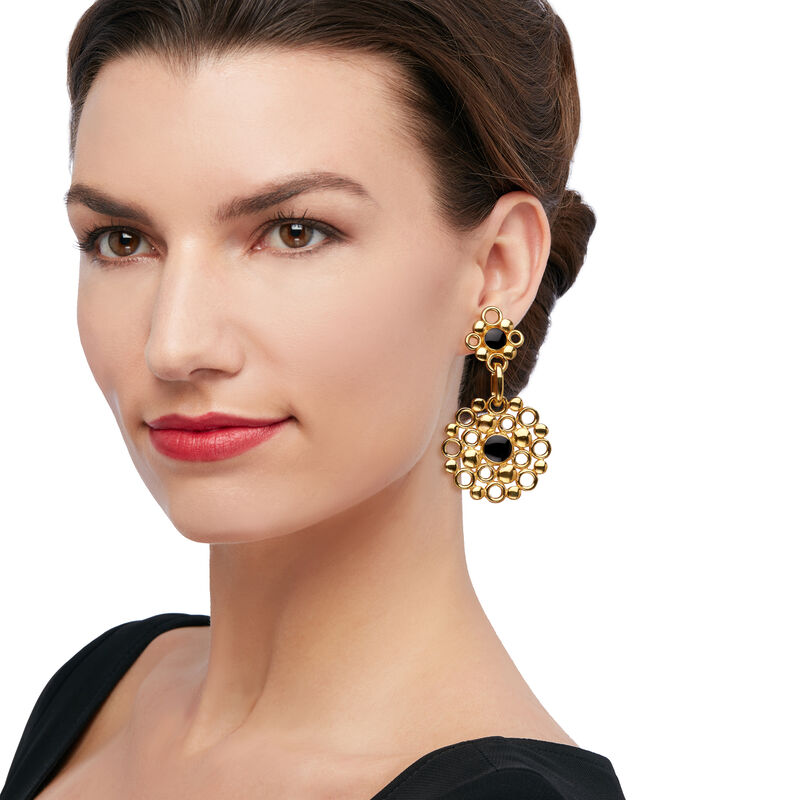 Italian 14kt Yellow Gold Multi-Circle Drop Earrings with Black Enamel image number 1