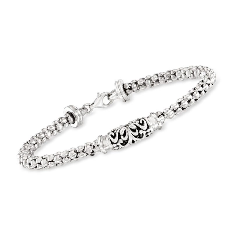 Sterling Silver Fleur-De-Lis Station Popcorn-Chain Bracelet image number 0
