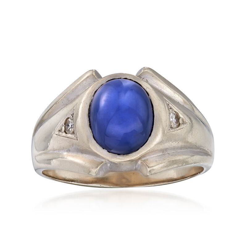 C. 1970 Vintage Men's Synthetic Sapphire Ring with Diamond Accents in 14kt White Gold. Size 10 image number 0