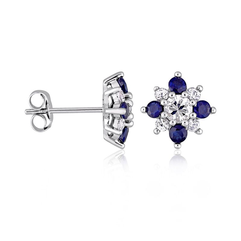 1.50 ct. t.w. White and Blue Sapphire Flower Earrings in 14kt White Gold image number 1