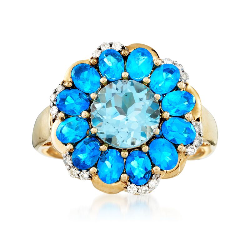 2.30 Carat Sky Blue Topaz and 2.10 ct. t.w. Neon Blue Apatite Ring with Diamonds in 14kt Yellow Gold image number 0