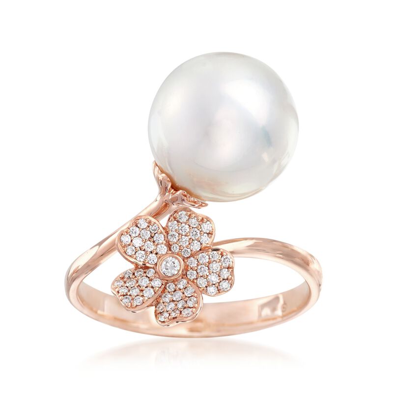 Mikimoto &quot;Cherry Blossom&quot; 11mm A+ South Sea Pearl and .14 ct. t.w. Diamond Floral Bypass Ring in 18kt Rose Gold image number 0