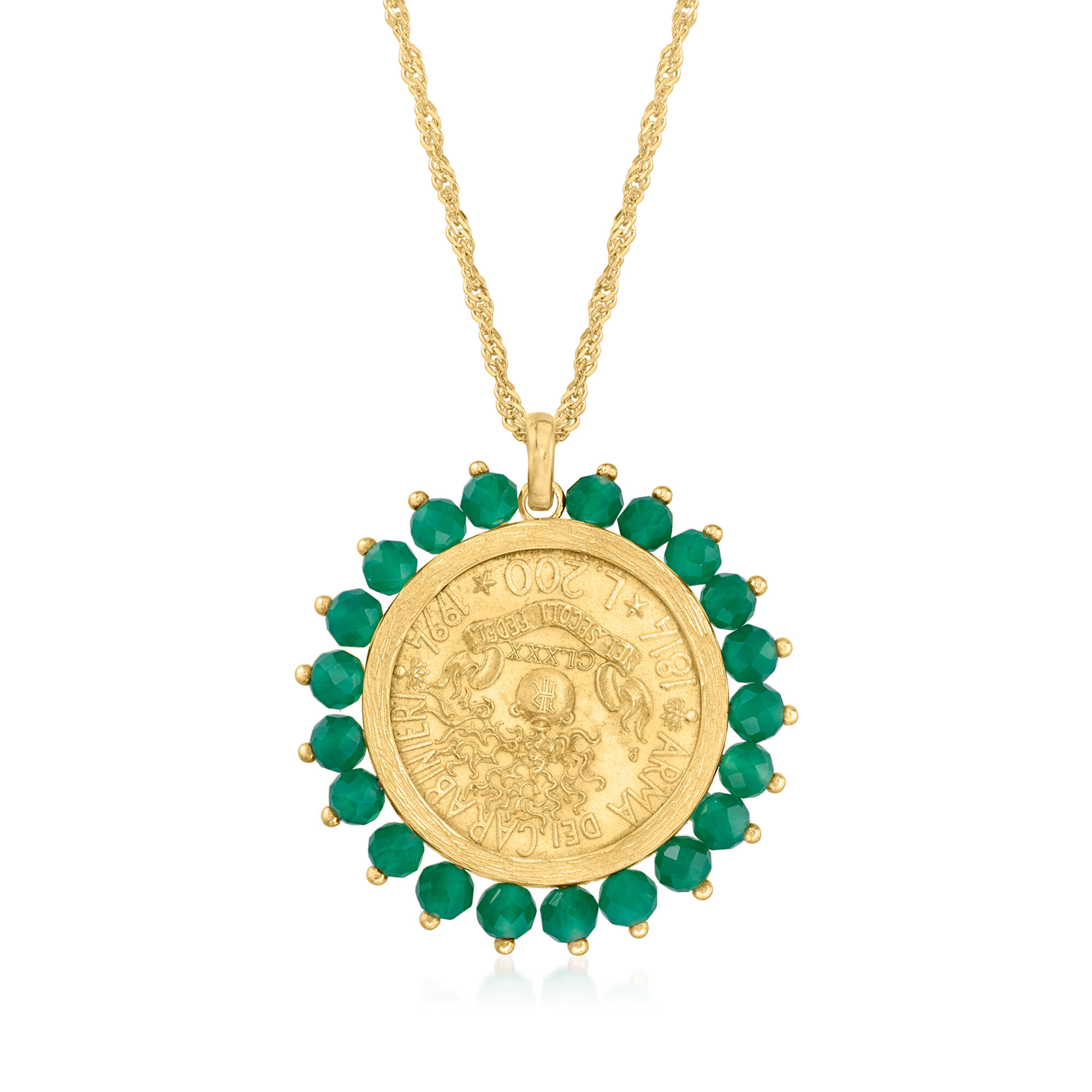 Genuine 200-Lira Coin and Green Agate Medallion Pendant
