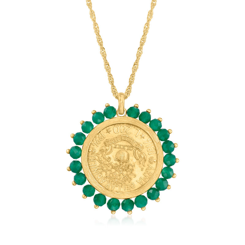 Genuine 200-Lira Coin and Green Agate Medallion Pendant Necklace in 18kt Gold Over Sterling image number 3