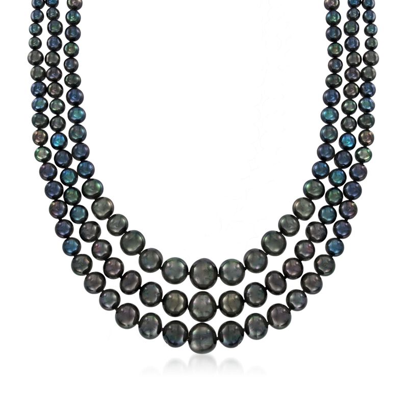 6-12.5mm Black Cultured Pearl Three-Strand Necklace with 14kt Yellow Gold image number 0