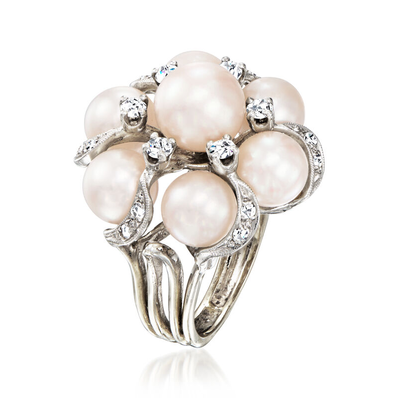 C. 1970 Vintage 6-8mm Cultured Pearl and .30 ct. t.w. Diamond Cluster Ring in 14kt White Gold. Size 5 image number 2