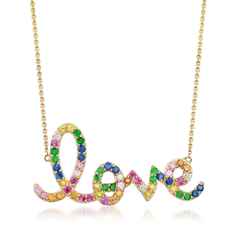 .60 ct. t.w. Multi-Gemstone &quot;Love&quot; Necklace in 14kt Yellow Gold image number 0