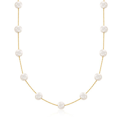 7-7.5mm Cultured Pearl Station Necklace in 14kt Yellow Gold
