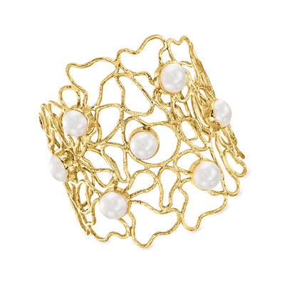 10mm Cultured Pearl Openwork Cuff Bracelet in 18kt Gold Over Sterling