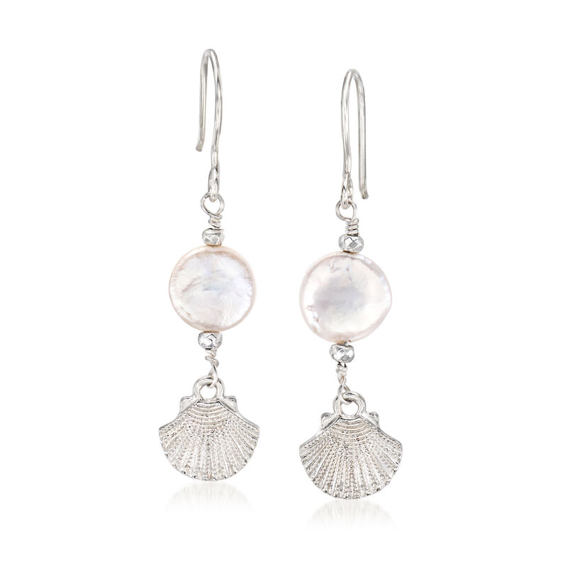12mm Cultured Pearl and Hematite Seashell Drop Earrings in Sterling Silver image number 0