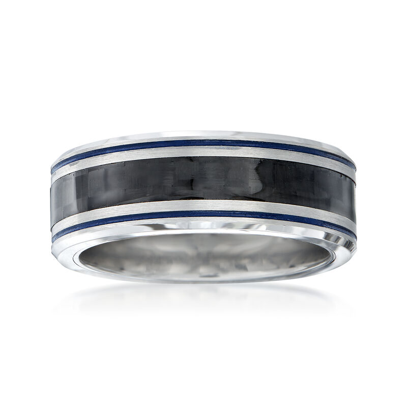Men's 8mm Tungsten Carbide and Carbon Fiber Wedding Ring with Blue Stripes image number 0