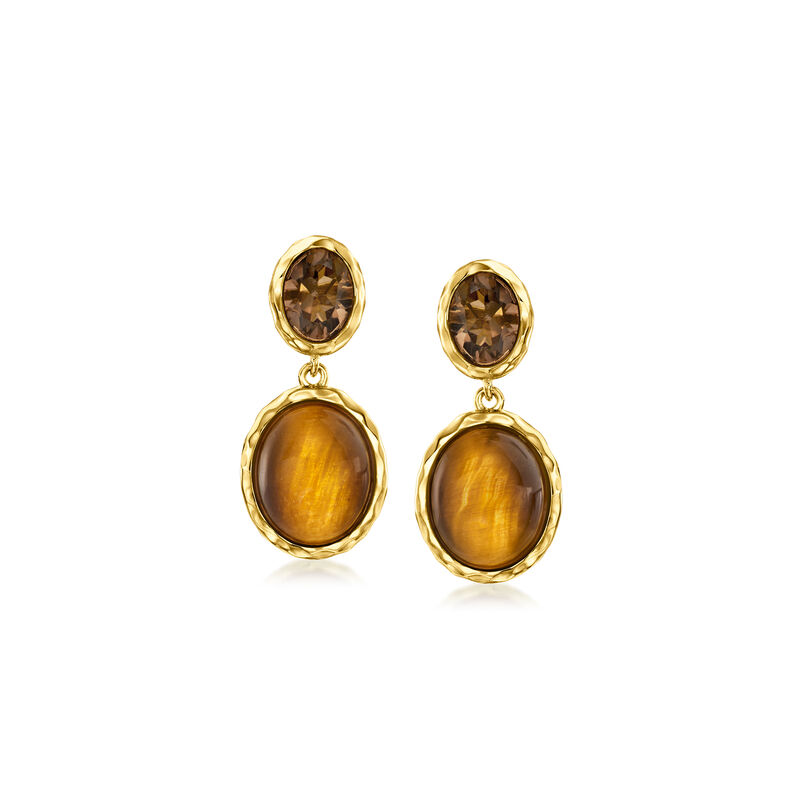 Tiger Eye and 2.40 ct. t.w. Smoky Quartz Drop Earrings in 18kt Gold Over Sterling  image number 0