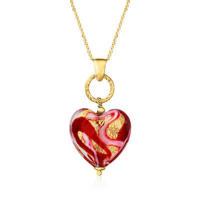 Italian Red and Pink Murano Glass Heart Necklace in 18kt Gold Over Sterling