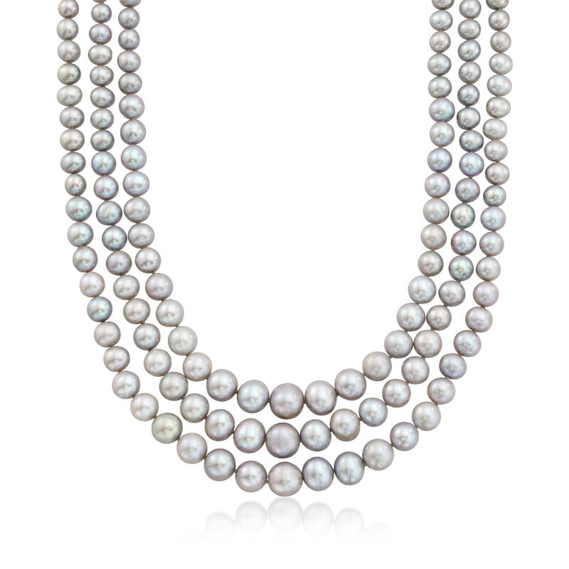 6-11.5mm Gray Cultured Pearl Graduated Three-Strand Necklace with 14kt Yellow Gold image number 0