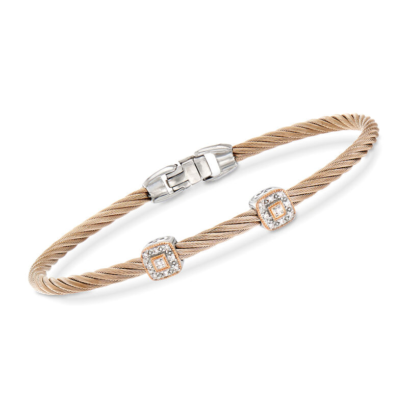 ALOR &quot;Shades of Alor&quot; Rose Stainless Steel Cable Station Bracelet with Diamond Accents and 18kt Two-Tone Gold. 7&quot; image number 0