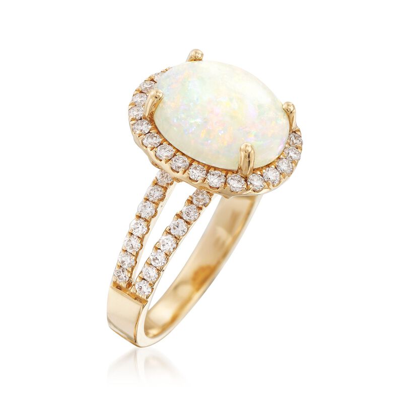 Oval Cabochon Opal and .73 ct. t.w. Diamond Ring in 14kt Yellow Gold image number 2