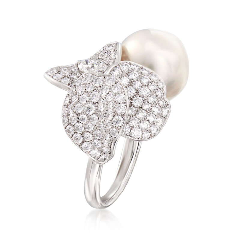 Mikimoto 13mm A+ South Sea Pearl and 3.42 ct. t.w. Diamond Flower Ring in 18kt White Gold. Size 6.5 image number 2