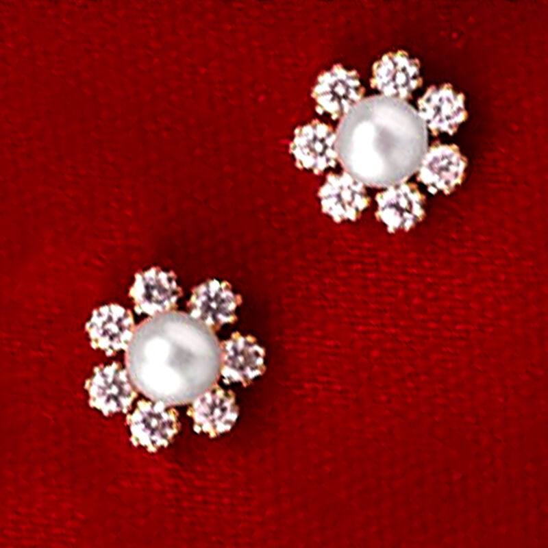 Child's 2mm Cultured Pearl Flower Earrings with .15 ct. t.w. CZs in 14kt Yellow Gold image number 2