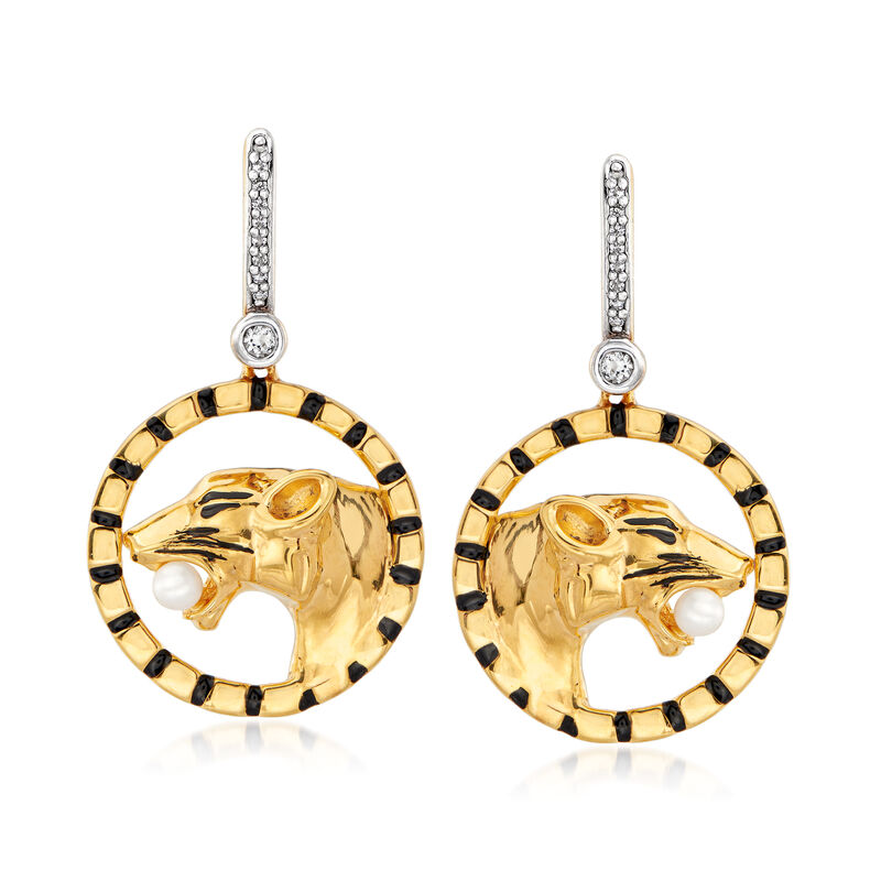 3.5mm Cultured Pearl, .20 ct. t.w. White Topaz and Black Enamel Feline Drop Earrings in 18kt Gold Over Sterling image number 0