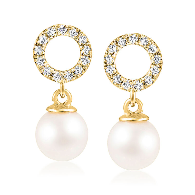 6.5-7mm Cultured Akoya Pearl and .20 ct. t.w. Diamond Circle Drop Earrings in 14kt Yellow Gold image number 0