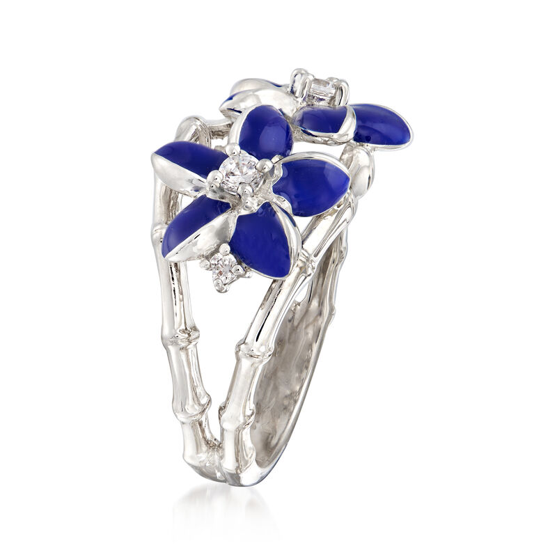 Belle Etoile &quot;Leilani&quot; Blue Enamel and .17 ct. t.w. CZ Flower Ring in Sterling Silver image number 2
