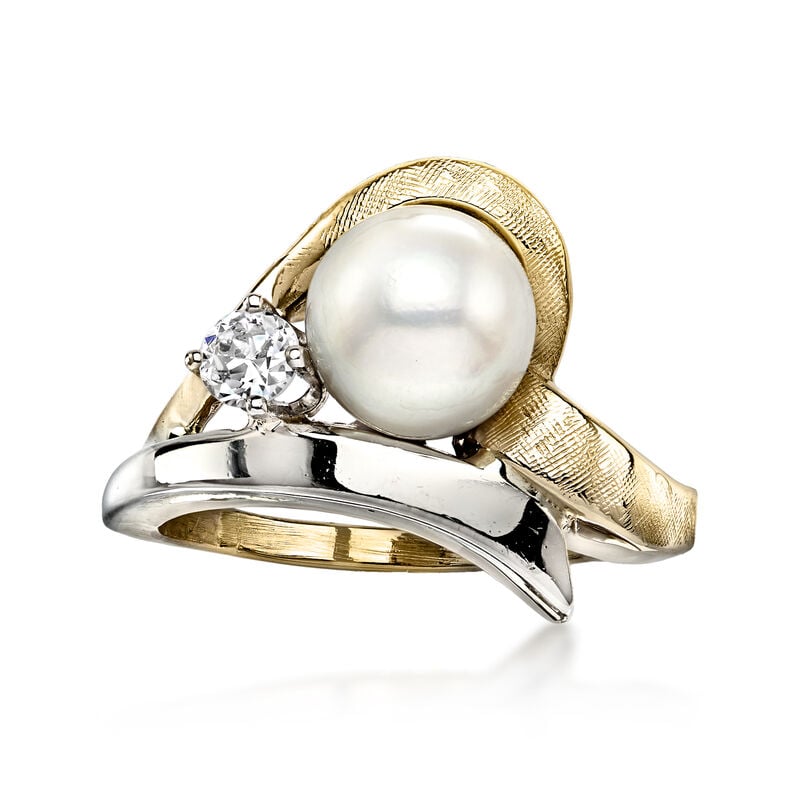 C. 1960 Vintage 7mm Cultured Pearl and .12 Carat Diamond Ring in 14kt Two-Tone Gold. Size 6 image number 0