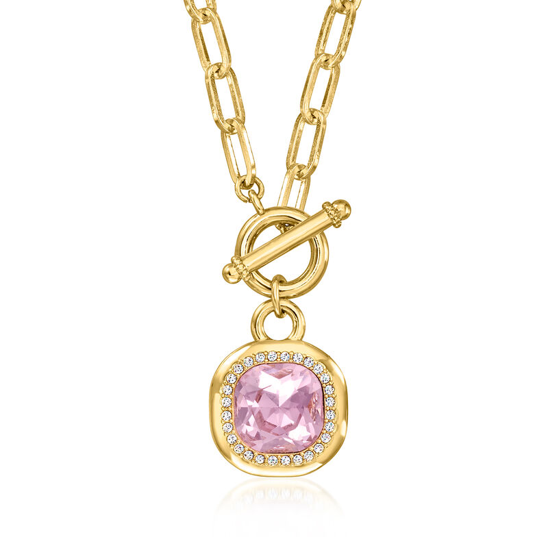 14kt Yellow Gold-Plated Toggle Necklace with Simulated Pink and White Gemstones. 18" image number 1