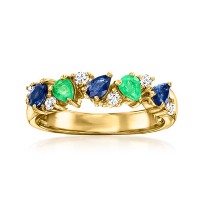 .40 ct. t.w. Sapphire and .20 ct. t.w. Emerald Ring with .10 ct. t.w. White Topaz in 18kt Gold Over Sterling