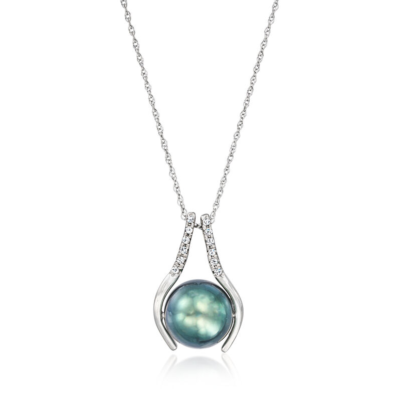 10-10.5mm Black Cultured Tahitian Pearl and 1.08 ct. t.w. Diamond Pendant Necklace in 14kt White Gold. 18&quot; image number 1